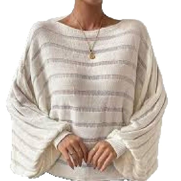 Women's Oversized Ivory Boat Neck Pointelle Knit Pullover Sweater - Picture 2 of 6